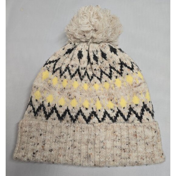 Beige & Yellow Fair Isle Pom-Pom Knit Beanie Hat 49% Recycled Polyester - Picture 2 of 7